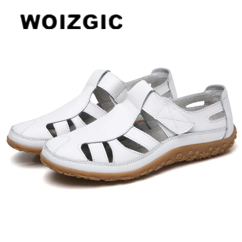 Тапочки WOIZGIC, женские женские туфли из натуральной кожи для мам, сандалии-гладиаторы, летние пляжные крутые полые мягкие крючки с петлей LLX 9568 230703