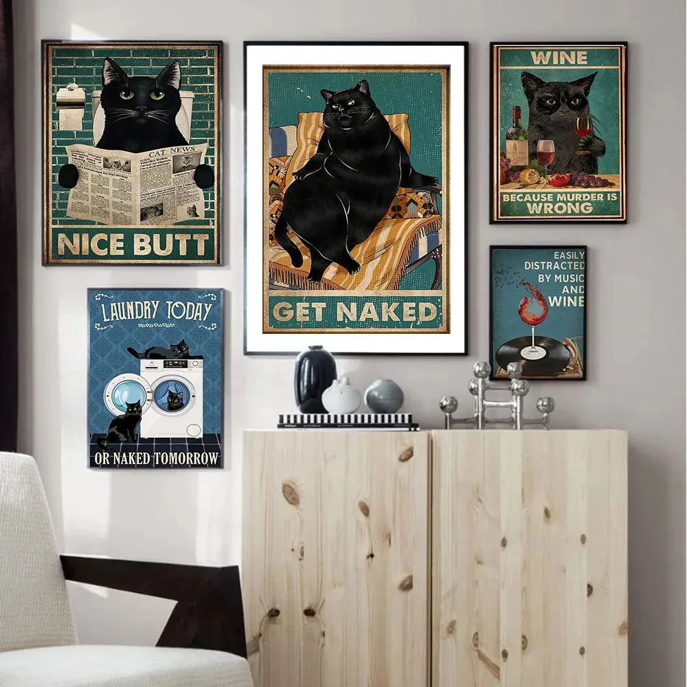 Black Cat Poster Vintage Canvas Schilderij Grappige Badkamer Servet Keuken Schilderij Muur Kunst Decoratie Kawaii Room Decor Canvas Poster Kinderkamer Decoratie w06