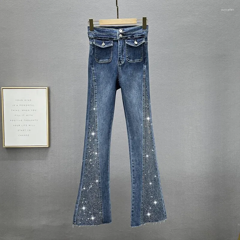 Jeans da donna Pantaloni a zampa di jeans in denim 2023 Pantaloni da bambina sexy elasticizzati in autunno con strass