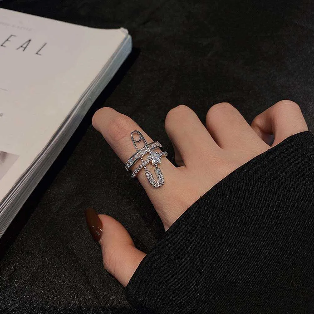 Double Layer Zircon Safety Pin Ring 3 Creative Micro Inlaid Double Layer Zircon Safety Pin Ring 3 Creative Micro Inlaid
