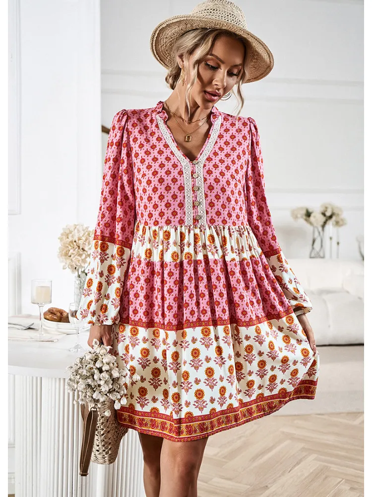 Autumn Floral Print Mini Dress for Women - Elegant Casual Fashion Office Lady Pullover Dress with Bodycon Slim Fit and Long Sleeves (Style #230704)