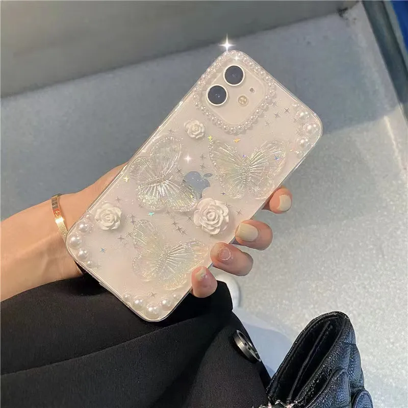 Capas de telefone florais com borboleta 3D transparentes, novo design, estética, femininas, adolescentes, meninas, glitter, cristal, faísca, fofa, feminina, protetora