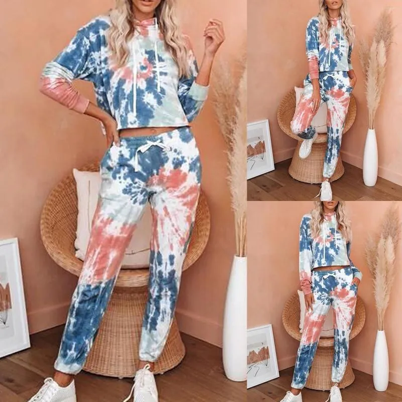 Pantalon deux pièces pour femmes costumes tie-dye haut pour femme t-shirt grande taille ample à manches longues rose taille élastique décontracté dames survêtements # G15