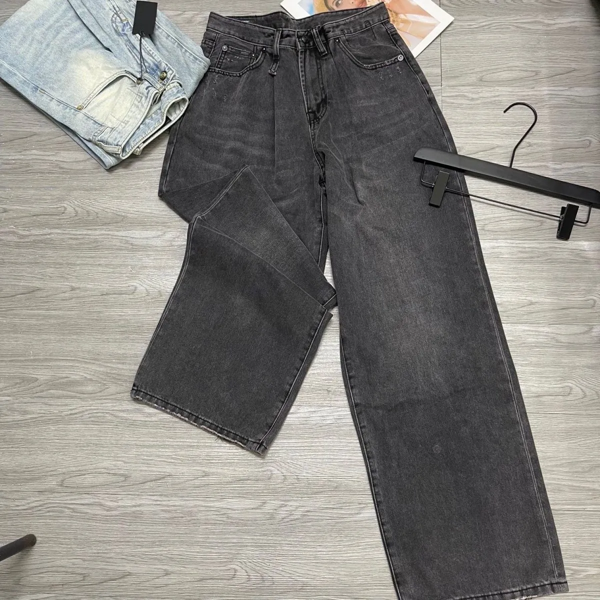 Pantalon en denim ample évasé plissé bleu noir