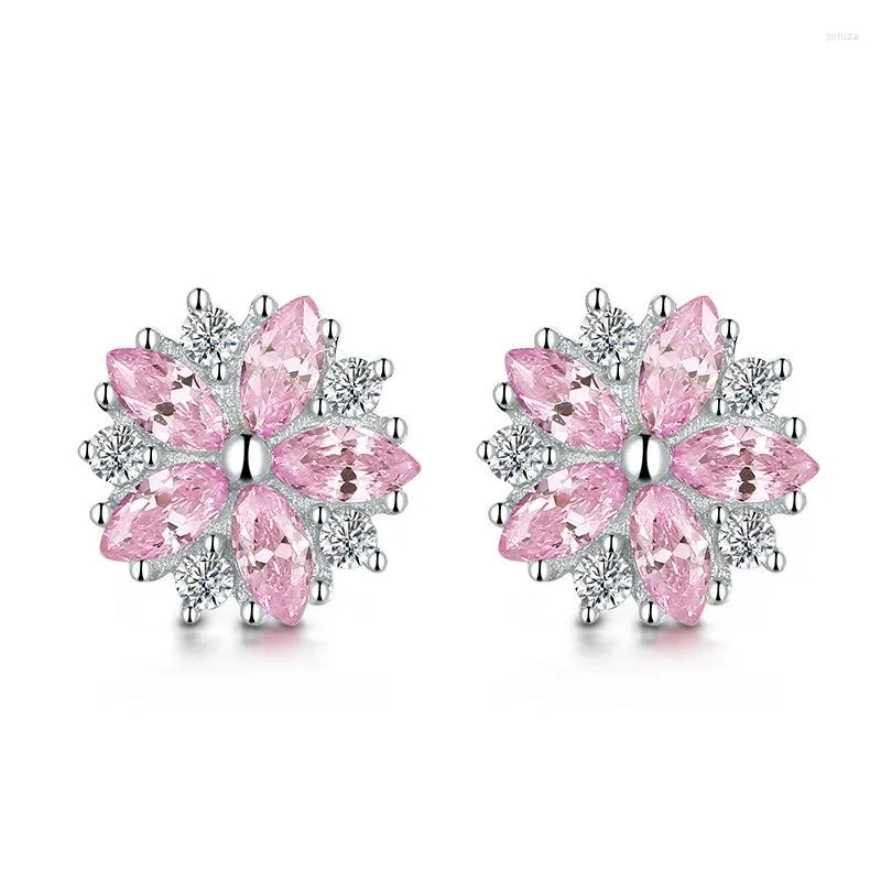 Kolczyki sztyfty Trendy biżuteria ze srebra próby 925 akcesoria inkrustowane różowa cyrkonia kamienie szlachetne kwiat kształt kolczyk dla kobiet obietnica ślubna