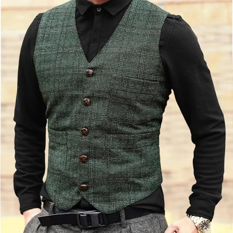 Men's Vests Man Plaid Steampunk Jacket Striped Tweed V-Neck Slim Fit Gilet Wedding Clothing Mens Suit Men Brown Black Waistcoat Vest