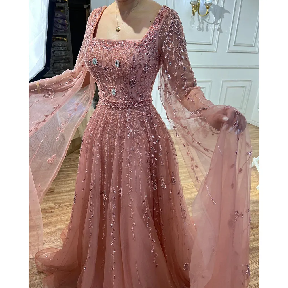 Vestidos atractivos urbanos Serene Hill musulmán rosa una línea de cuello cuadrado con cuentas de lujo Dubai vestidos de noche 2023 para mujeres boda fiesta LA71803A 230705