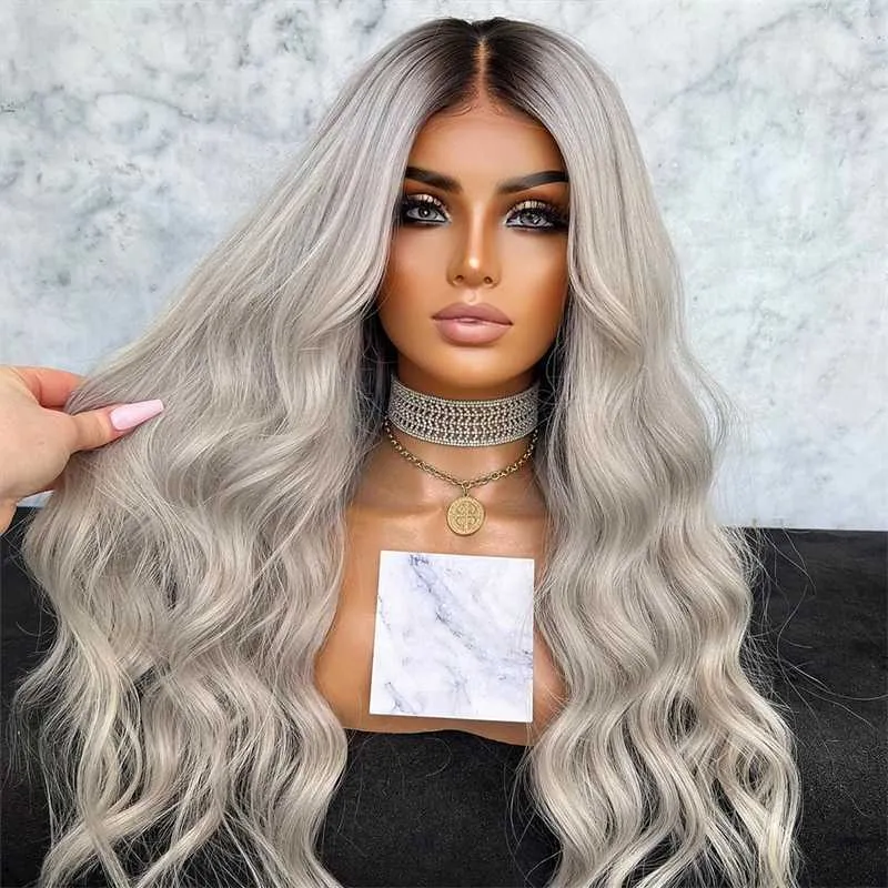 Black/Grey Synthetic Lace Front Wigs for Women Body Wave Lace Wig Long Hair Cosplay High Temperature Fiber Synthetic Wigs 230524