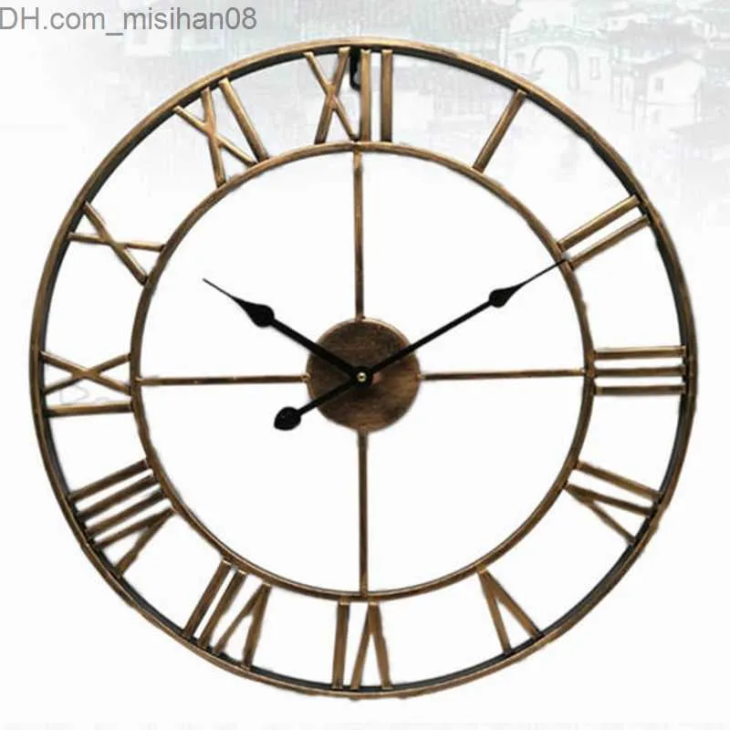 Orologi da parete Orologi da parete in metallo con numeri romani nordici Retro Hollow Iron Round Art Oro nero Grande orologio da giardino per esterni Decorazione domestica 40 / 47CM Y200110 Z230706