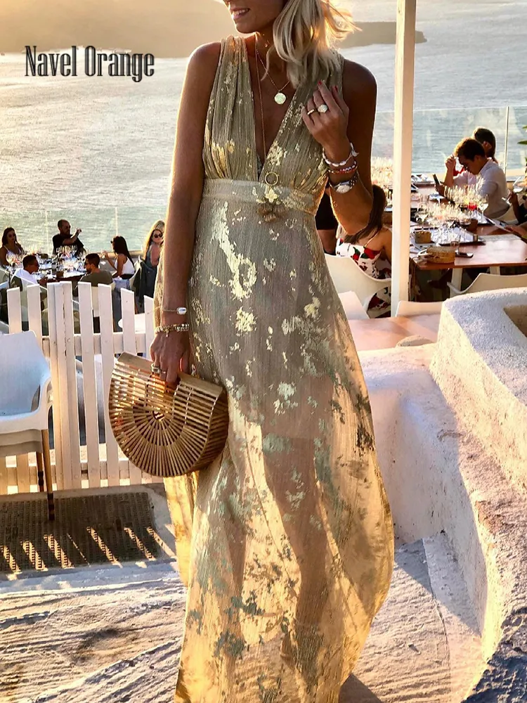 Elegant Deep V Neck Maxi Dress Sleeveless Summer Party Dress, Sexy  Patchwork Design, Casual Holiday Streetwear for Ladies