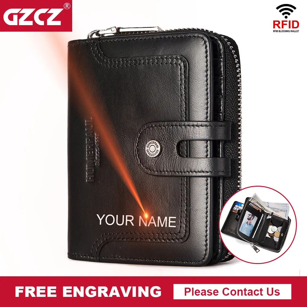 Free Engraving Genuine Leather Men's Wallet Large-capacity Purse RFID Blocking Protect Credit Card Holder with Hasp Coin Pocket