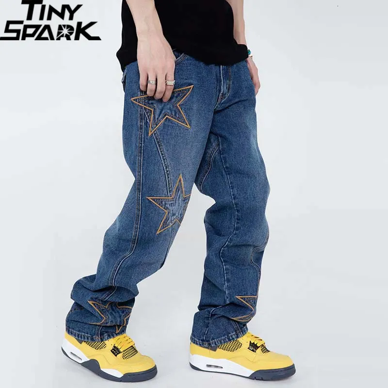 Męskie spodnie męskie hiphopowy sweter spodnie dżinsowe haftowane gwiazdy spodnie dżinsowe Harajuku bawełniane spodnie do biegania dżinsy spodnie haremki czarne 230704