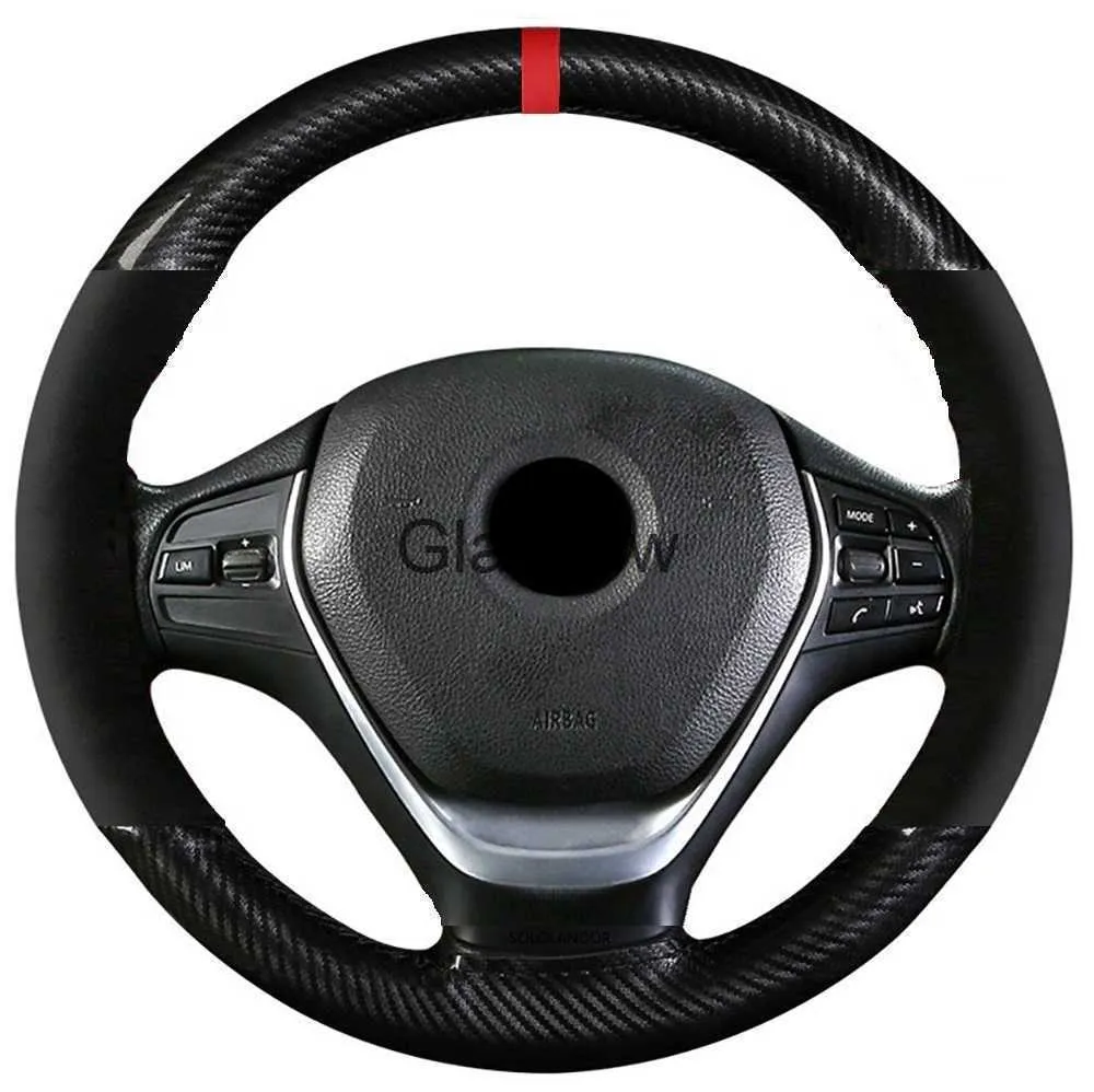 Steering Wheel Covers 38CM15INCH SuedeCrystal Carbon Fibe Leather Red Mark Auto Car Steering Wheel Cover Braiding Wheel Cover With Needle and Thread x0705