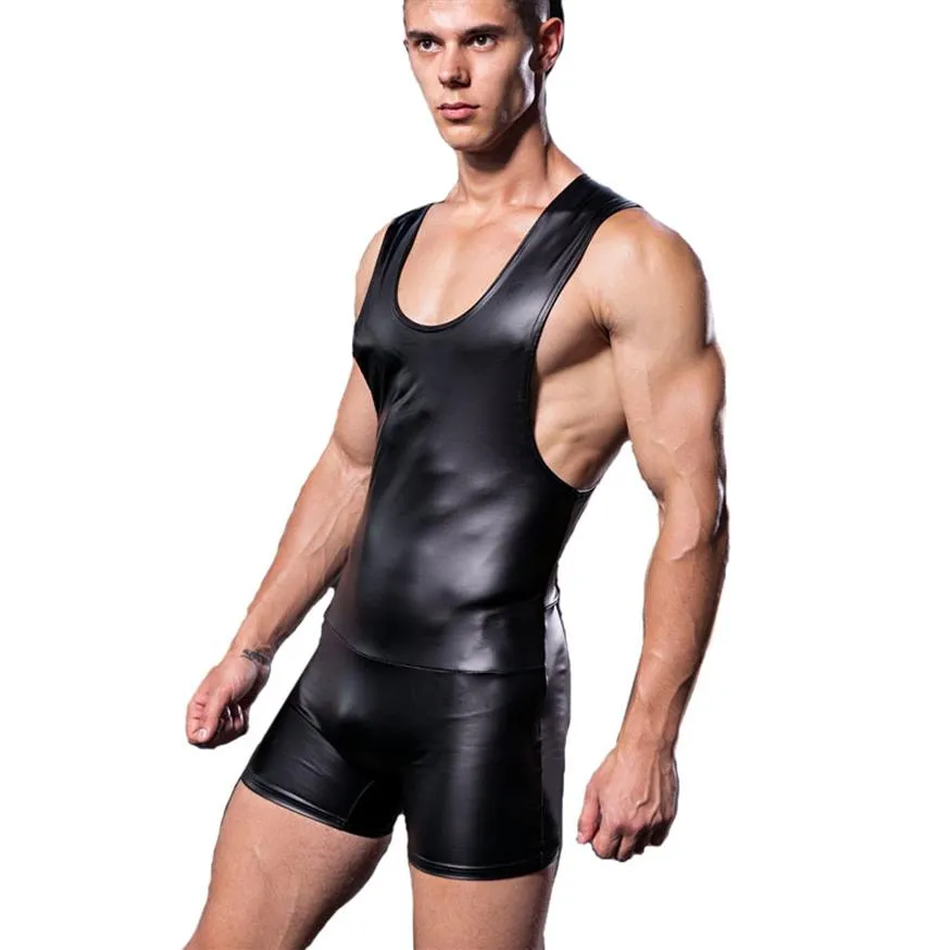 Faux Leather Slim Fitness Mens Bodysuit Body Shaper Romper for Man Singlet Boxer Slimming Underwear Sleeveless Jumpsuit2473