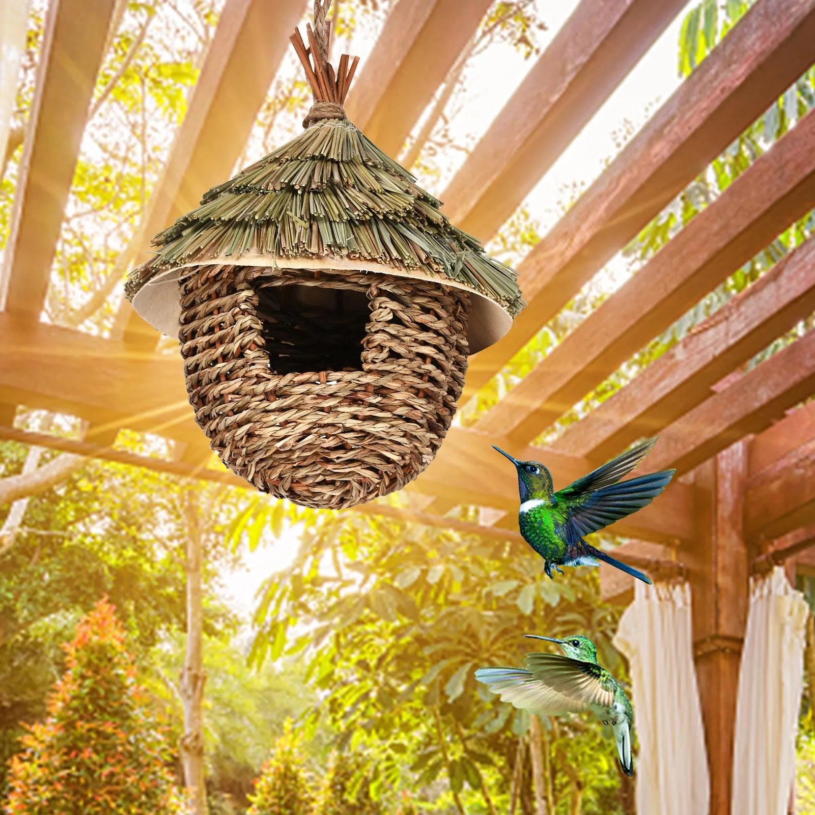 Leathercraft charmig dekorativ kolibri hus handvävd hängande halm bo naturligt gräs hängande fågel för trädgård uteplats gräsmattan inomhus inomhus