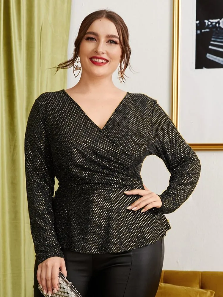 Damska koszulka plus size 4XL cekinowa bluzka peplum z długim rękawem topy typu oversize jesień dekolt w serek eleganckie jednolite koszulki duże ubrania 230705