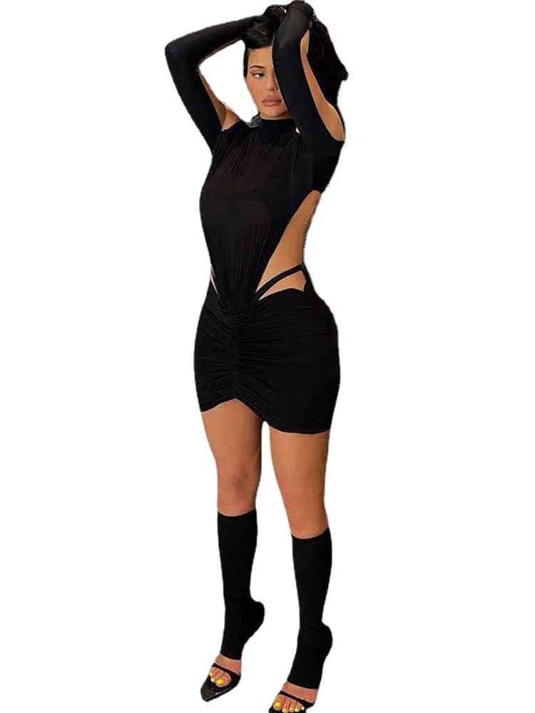 Transparent See Through Mesh Mini Dress Lace-up Backless Ruched Long Sleeve  Bodycon Dress Black from Dhgate Party Dresses - price 165.24