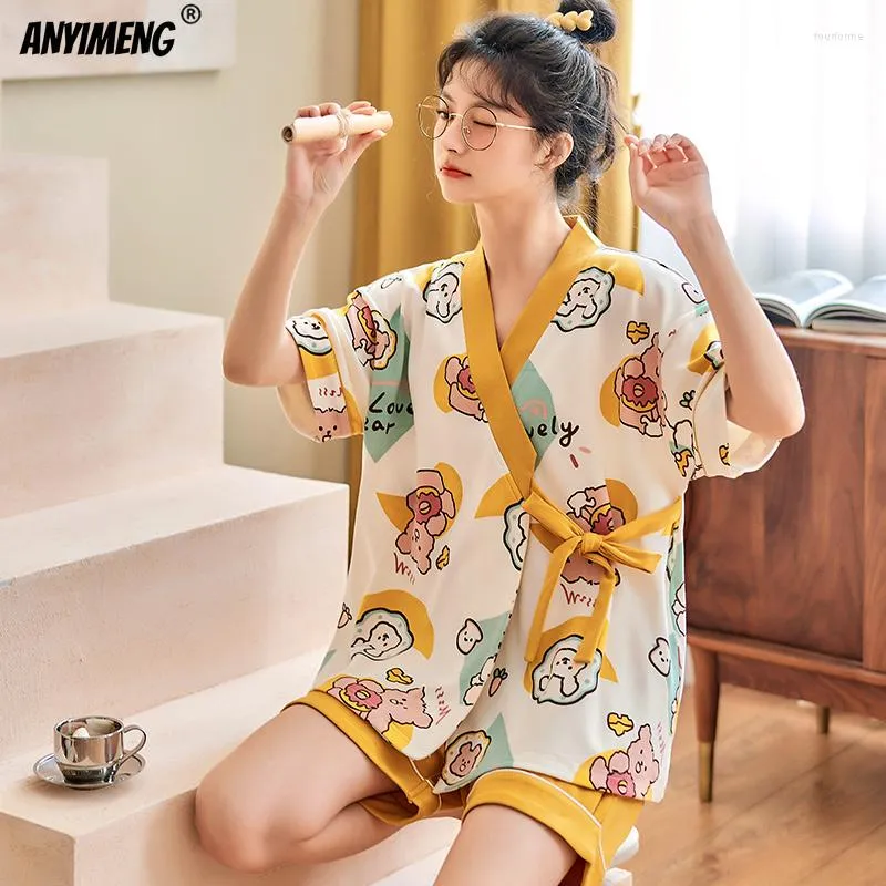 Kadın pijama 2023 moda genç kızlar için yaz pijamaları kawaii ayı baskı yumuşak pamuk kimono yay süs pijamas bayan