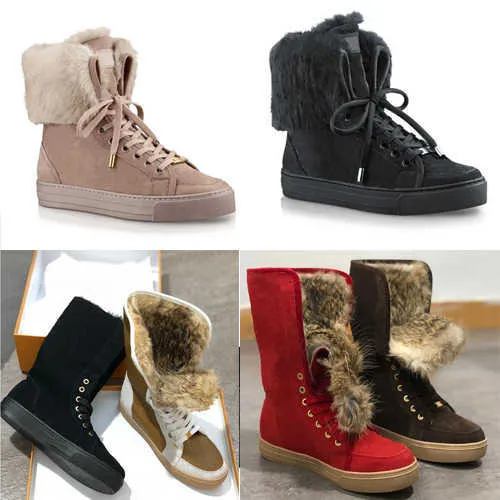 Women Fur Suede Boots Designer Boots Leather Winter Boot Rabbit Fur Snow Boot Australia Booties Warm Knee High Martin Shoes With Box NO16