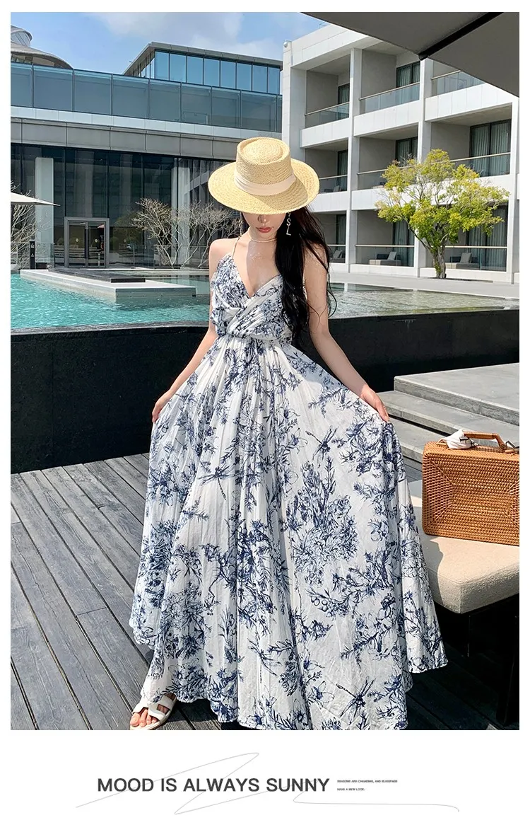 Imprimé floral bleu de vacances bohème femelle avec robe longue ou ouverte en V, grande robe de créatrice d'extension sml