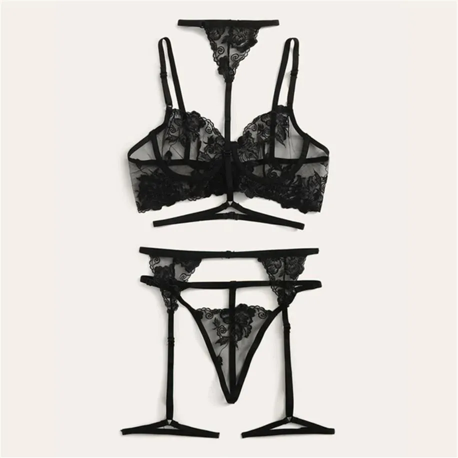 femme Fleur Dentelle Underwire Jarretière et String Sexy Soutien-Gorge Ultra-mince Sous-Vêtements Ensemble Transparent Soutien-Gorge Ensemble Broderie Lingerie Brassière 202699