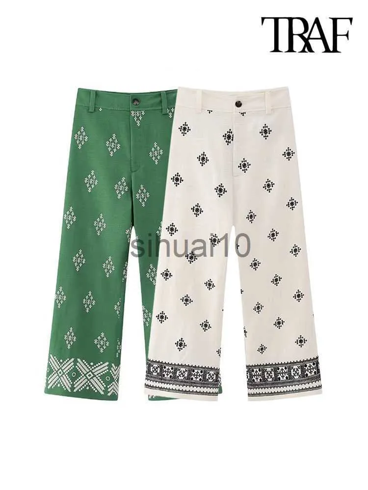 Pantaloni da donna Capris TRAF Pantaloni da donna in lino con ricamo a contrasto moda vintage Pantaloni a vita alta con cerniera a vita alta Mujer J230705