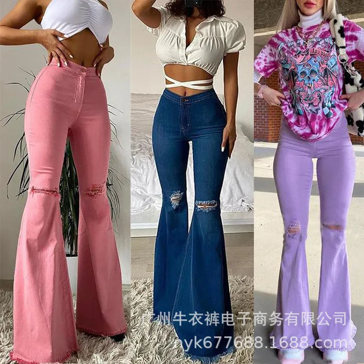 Men s Pants Flare Jean Vintage Denim Ladies High Waist Fashion Stretch Loose Casual Trousers Wide Leg Ripped 230705