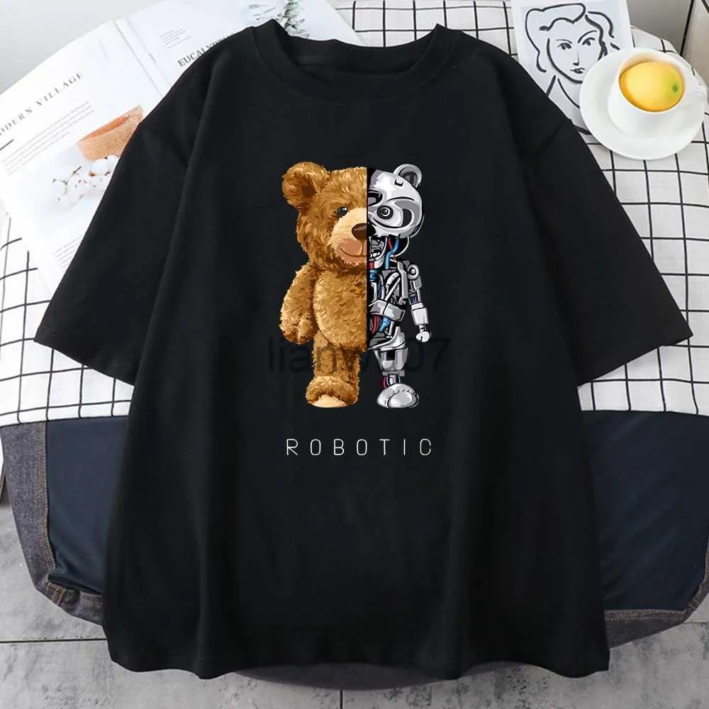 Men's T-Shirts Robotic Teddy Bear Toy Prints Mens Cotton Tee Clothing Vintage Personality Short Sleeve Oversize Allmath ONeck Male TShirts J230705