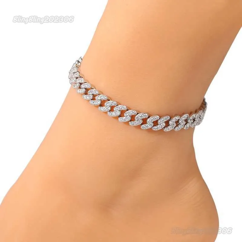 2023 NOUVELLE Mode Femmes Cheville Bracelet Glacé Cubain Lien Chaîne Bracelets Or Argent Rose Diamant Hip Hop Bijoux