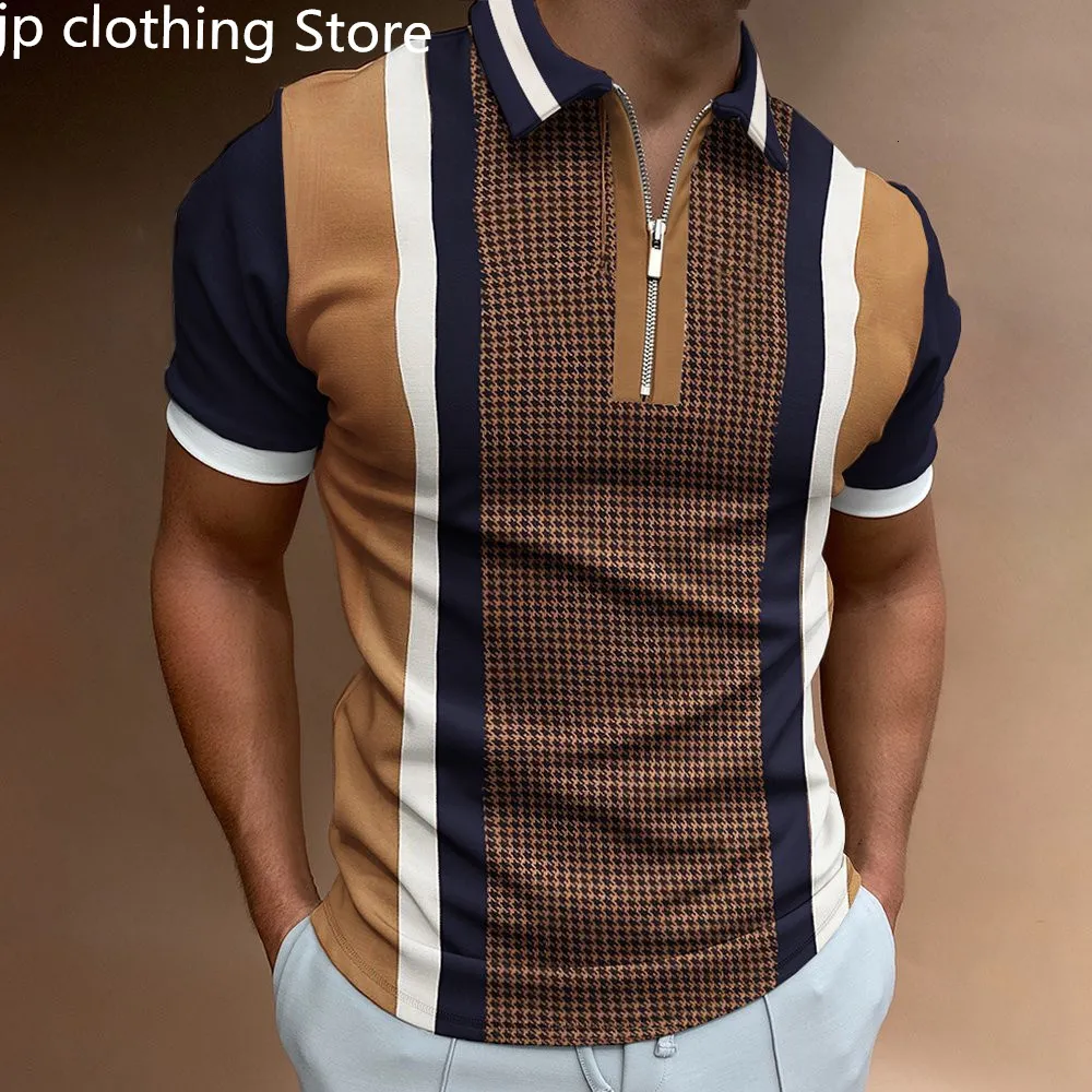 Męskie koszulki polo Summer Chic Plaid Stripe Golf Casual koszulki polo Koszule Polo kołnierz Zipper Design Men Streetwear Polo T Shirt dla mężczyzn 230704