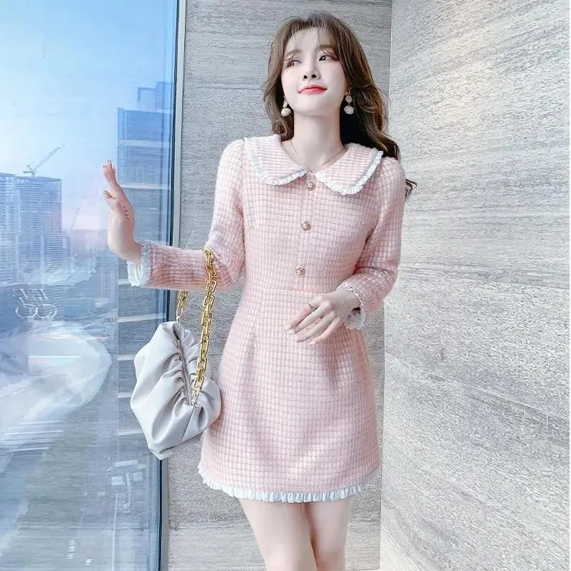 Casual Dresses M GIRLS Autumn Winter French Knitted Women's High Waist Plaid Bottoming Dress Ladies