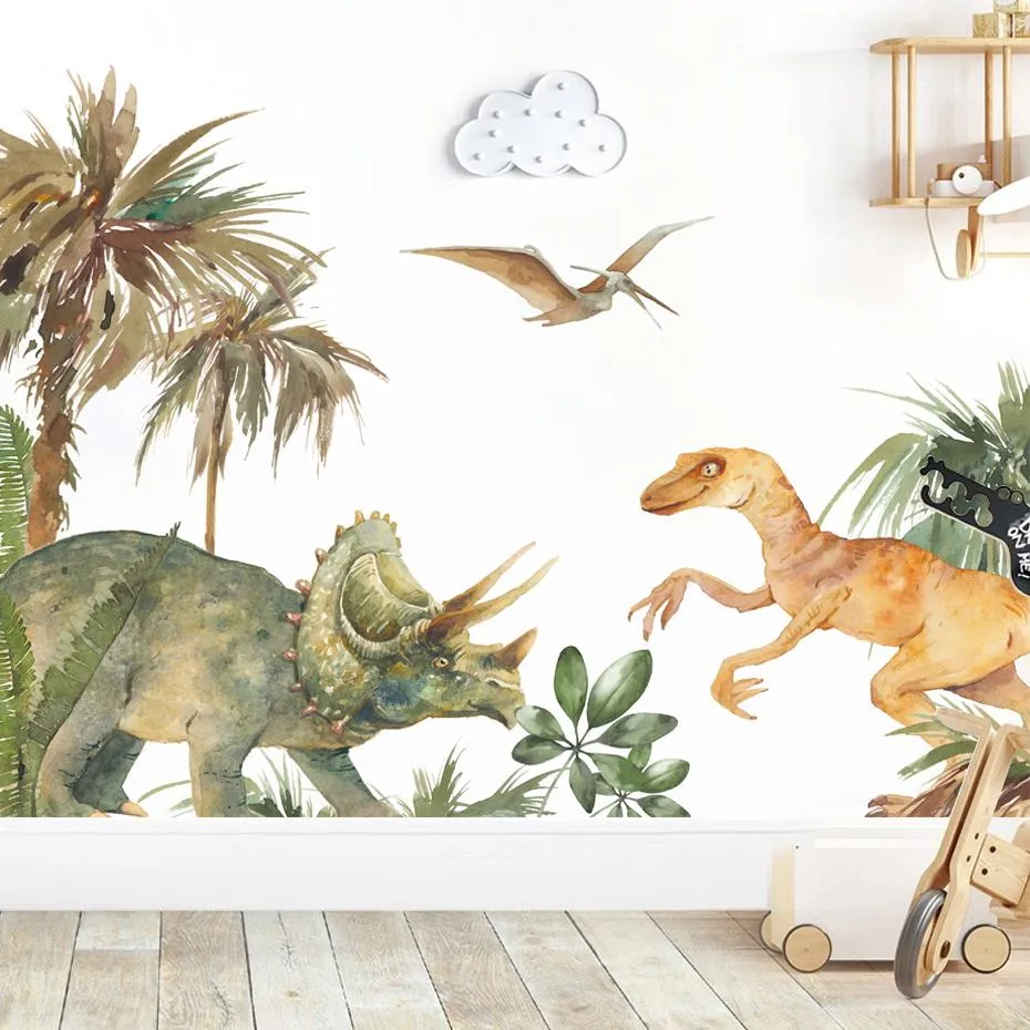 Pots dessin animé Triceratops dinosaure parc aquarelle autocollant mural pour chambre d'enfants décoration de chambre de garçon salle de jeux pour enfants décor à la maison