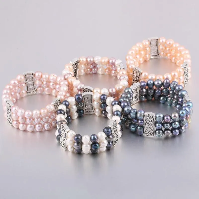 Lien Bracelets Perle Naturelle Ronde En Alliage De Zinc Trois Rangées Bracelet De Perles 8-9mm Pour La Fabrication De BijouxBRICOLAGE Accessoires Charme De Mariage Cadeau Fête