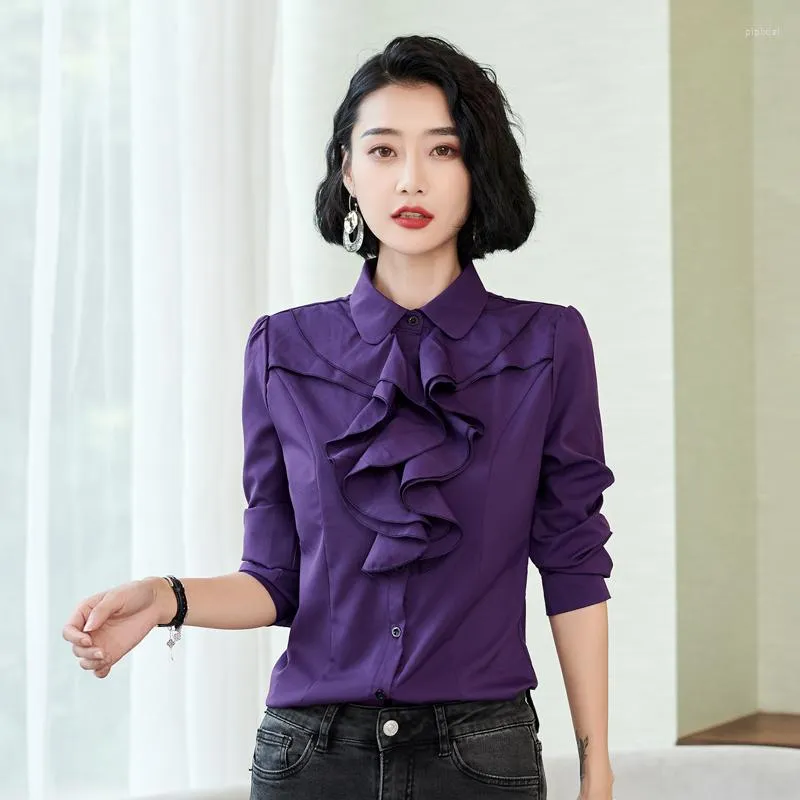 Korean Slim Fit Ruffle Formal Shirts For Women For Women Long Sleeve Solid  Purple And White Chiffon Work Top For Office And Formal Occasions From  Pipixiai, $14.43