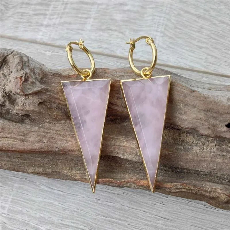 Boucles d'oreilles pendantes FUWO Sculpté Triangle En Forme De Quartzs Rose Couleur Or Plaqué À La Main Naturel Rose Cristal Hoop Boucle D'oreille ER426 5 Paires / Lot