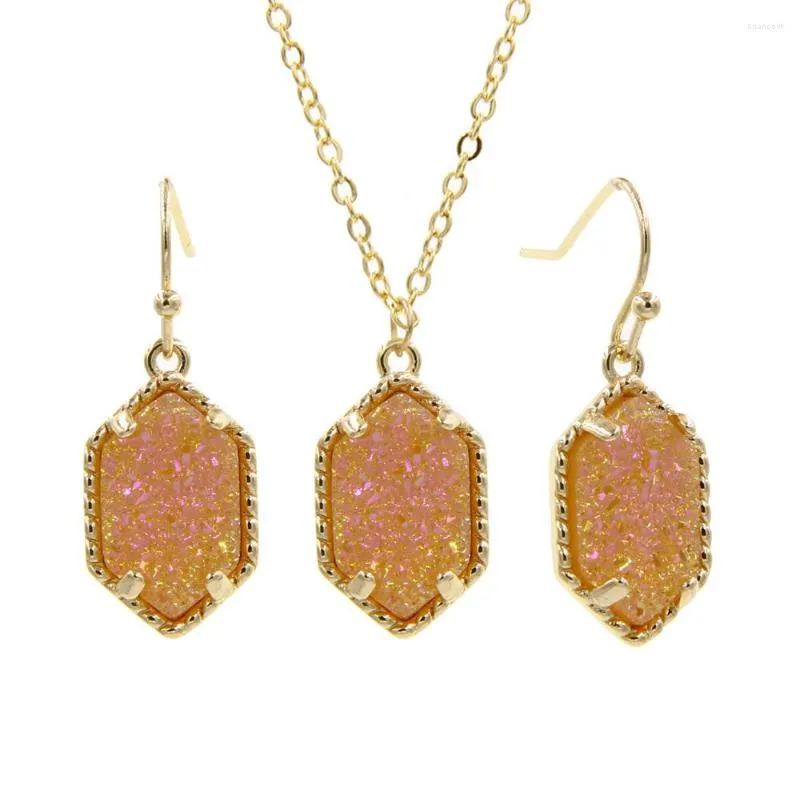 Halsband örhängen uppsättning guld färg Mini iriserande Drusy hänge med droppe Boutique