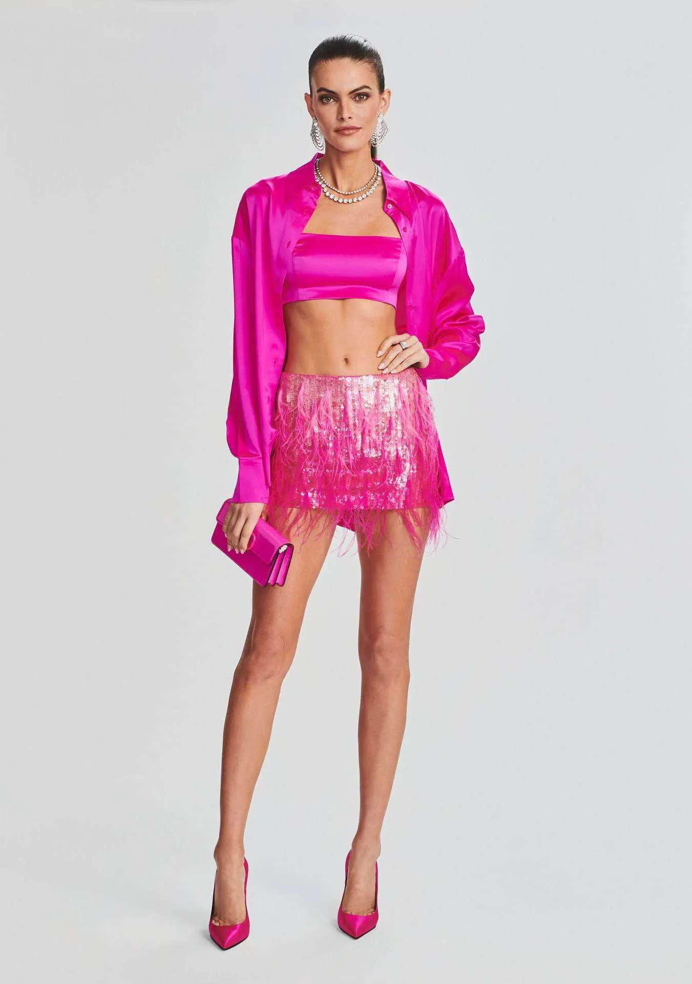 Shiny Pink Feather Spliced Sequin Half mini skirt for Women 2023