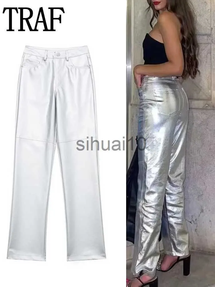 Spodnie damskie Capris TRAF spodnie ze sztucznej skóry dla kobiet spodnie z wysokim stanem kobieta Streetwear workowate spodnie kobiece modne spodnie Y2K spodnie damskie J230705