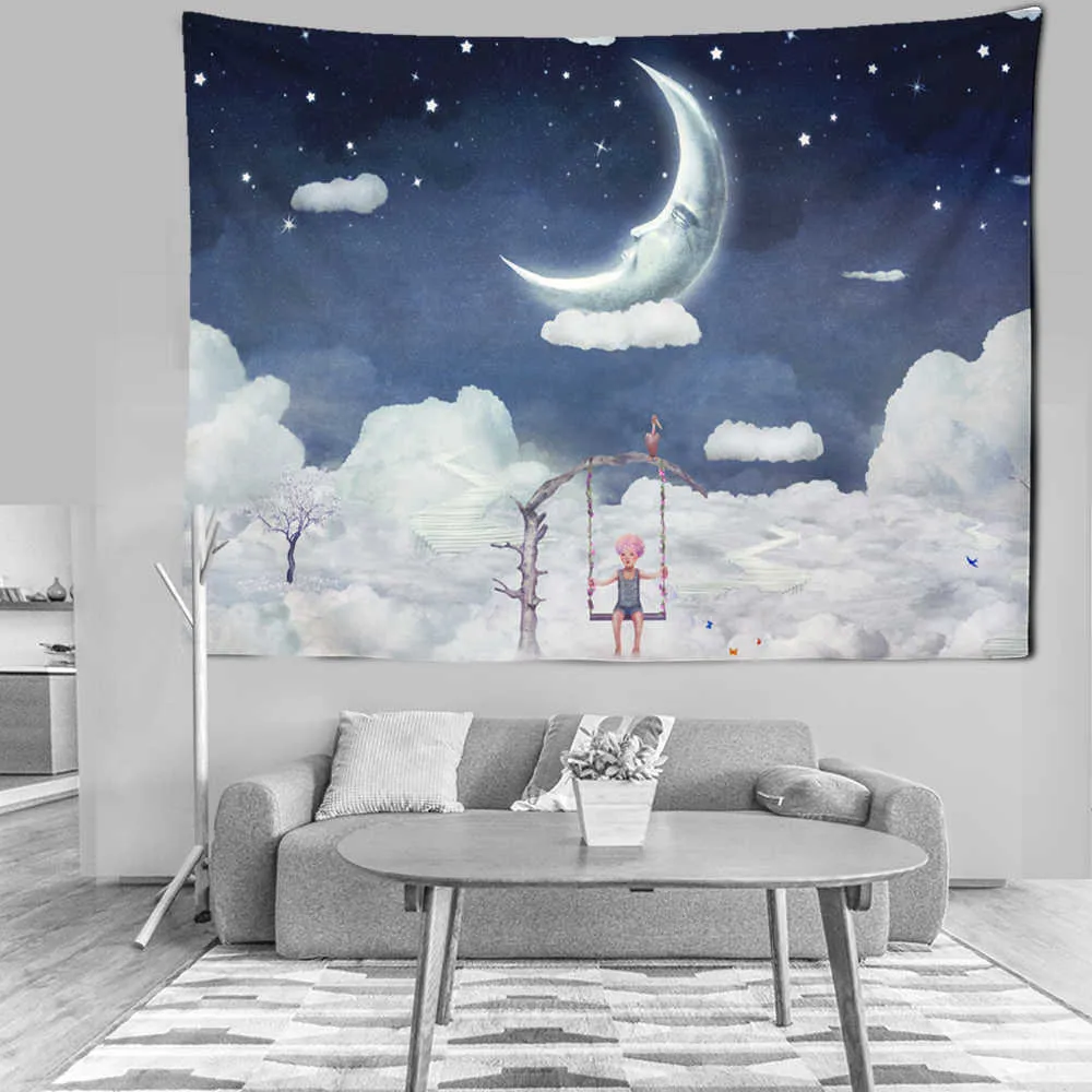 Tapisseries Nuages Étoiles Lune Tapisserie Voie Lactée Thème Galaxie Dramatique Super Rêve Cloudscape Tapisserie Murale Pour Chambre d'enfant