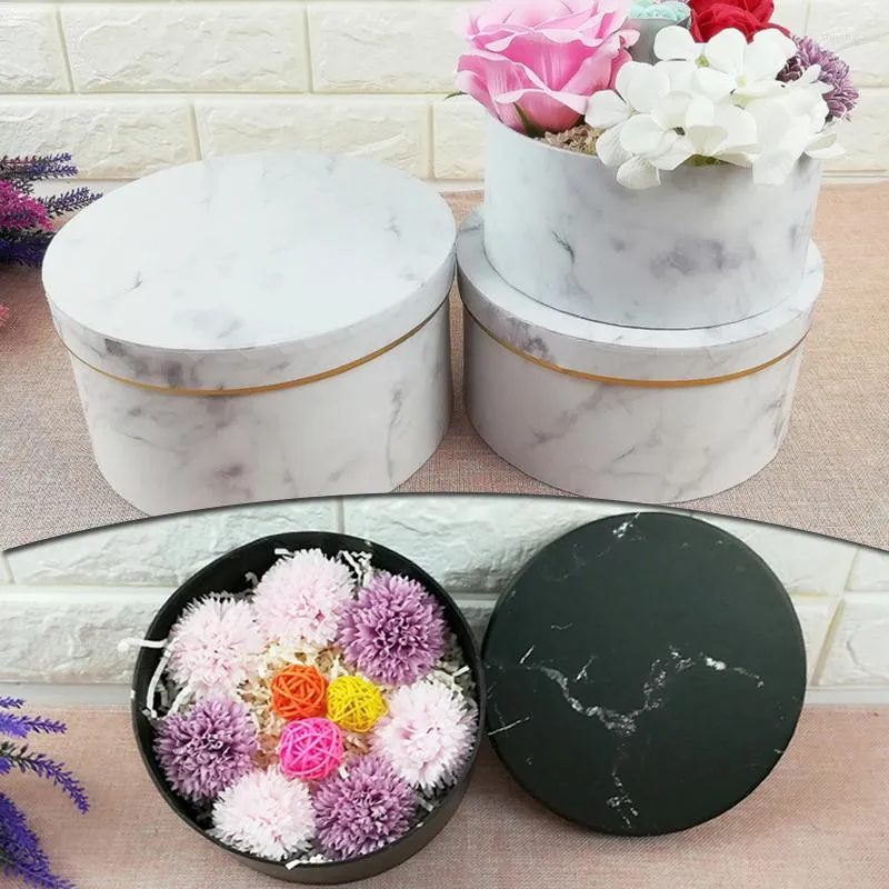 Emballage cadeau 3 pièces boîtes de marbrure ronde fleuriste Bouquet fleur boîte d'emballage avec couvercle papier noir