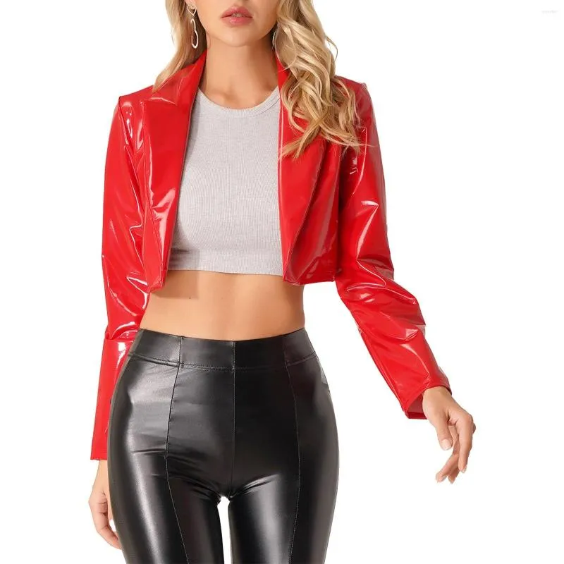 Chaquetas de mujer Club Party Wet Vinyl Leather Lapel Collar Sexy Lady Shiny PVC manga larga Crop Coat DJ Stage Show Streetwear