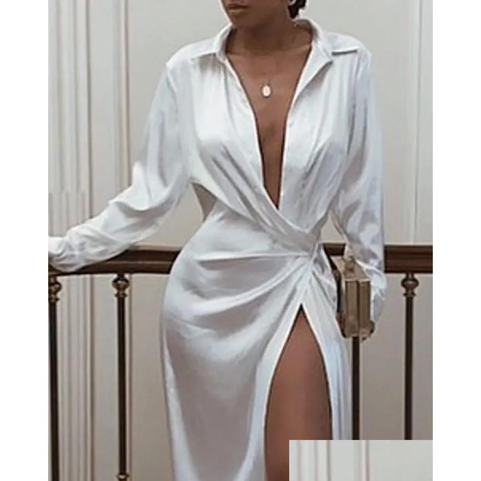 Robes Décontractées De Base Satin De Soie Sexy Robe À Manches Longues Fête Femmes Night Club Doux Automne Solide Split Baisser La Livraison Appa Dhbma