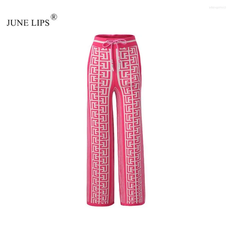 Calças femininas JUNE LIPS de alta qualidadeMais recente 2023 Designer T Fashion Geométrico Jacquard Tricô Solto Gravata Perna larga