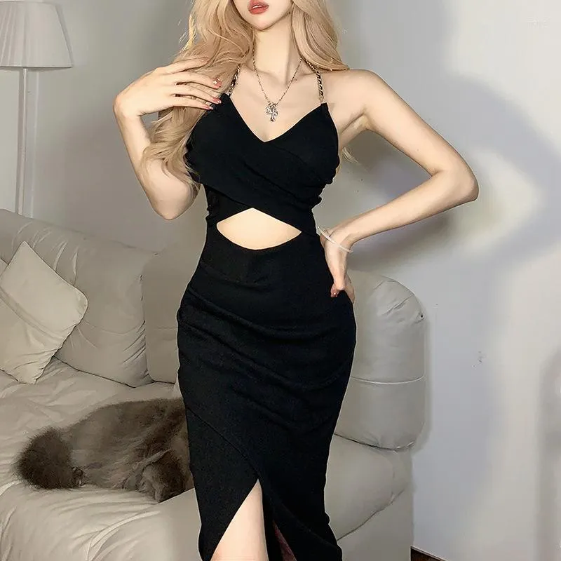 European Style High Waist V-Neck Backless Casual Dress for Women - Fashionable Solid Color Clothing for Spring and Summer