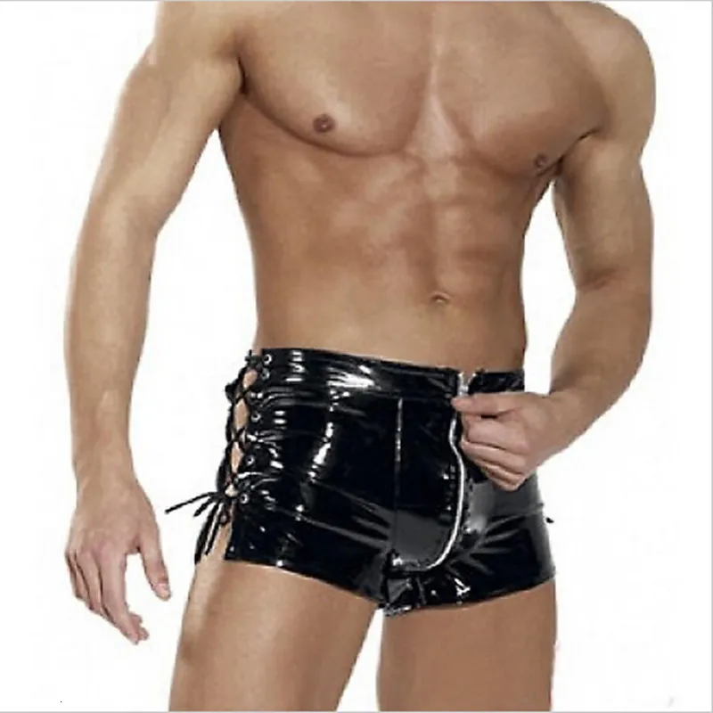 Shorts pour hommes Noir Sexy en cuir serré Latex PVC Shorts Hommes en cuir verni Micro Mini Shorts Pole Dance Hip-hop Pantalon à cordon 230704