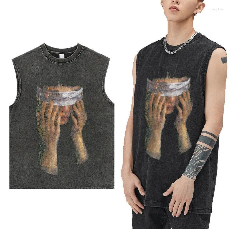 Erkek Tişörtler Erkek Tişörtleri 2023SS Hiphop Fried Street Dark Washed Portre Basketbol Yeleği Erkek Moda Markası Gevşek Kolsuz T-Shirt