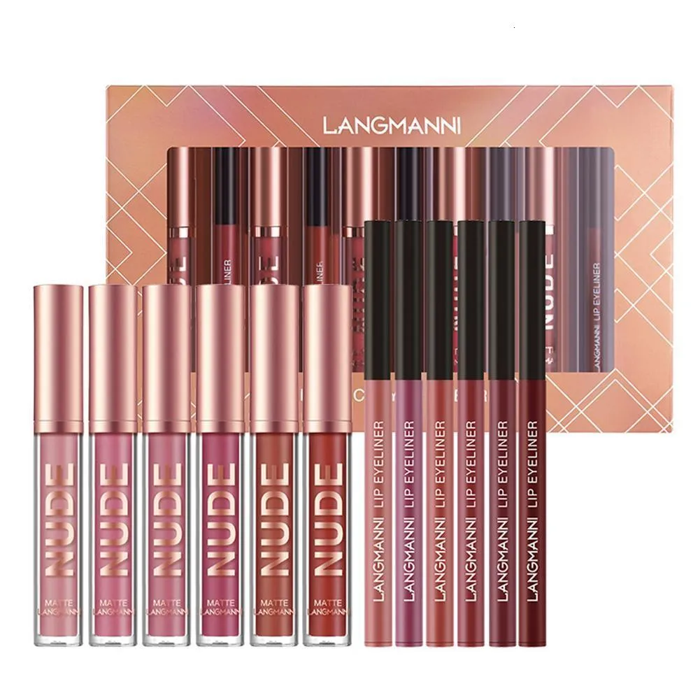 Lápis de lábios 12pcs Conjuntos de maquiagem labial 6pcs Lipstick líquido fosco 6pcs Liners labiais lápis Lipstick de longa duração Conjunto de lábios Lip Blus