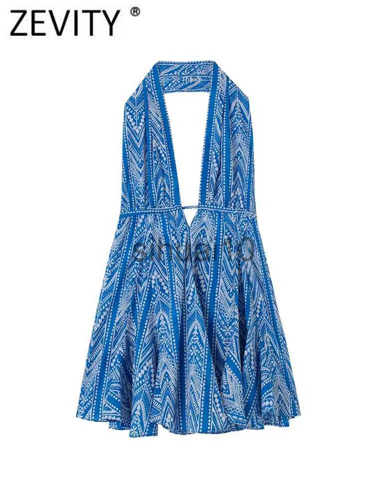 Sukienki na co dzień Zevity kobiety Vintage geometryczny totem kwiatowy Print Halter Mini sukienka damski szykowny letni zasznurowany bez pleców Casual Vestidos DS1844 J230705