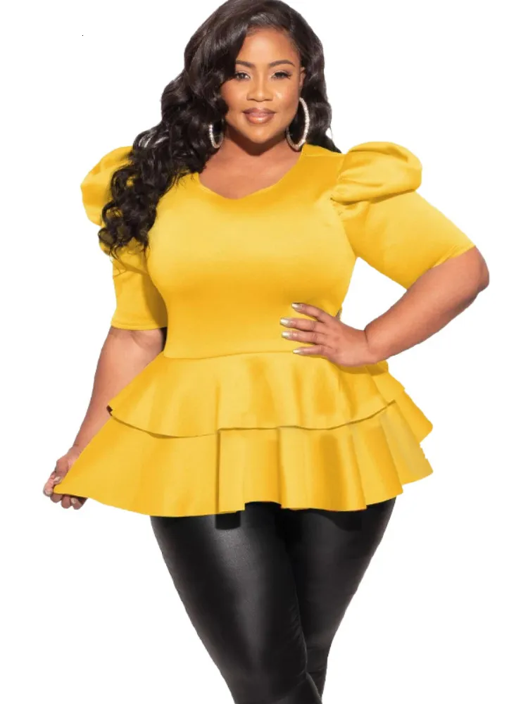 Women's Plus Size TShirt 4XL Women Blouses Lantern Short Sleeve Ruffles Tops for Ladies Office 2023 Summer Yellow Purple African Fashion Shirts 230705