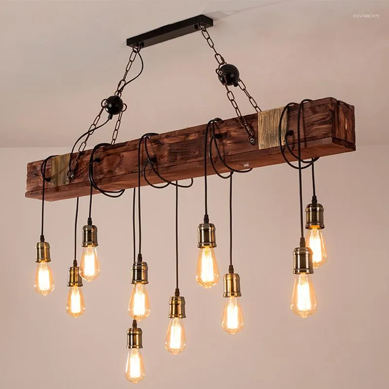 مصابيح قلادة عتيقة مصباح LED Wooden Restaurant Bar Cafe Wood Luster Nordic Art Decor